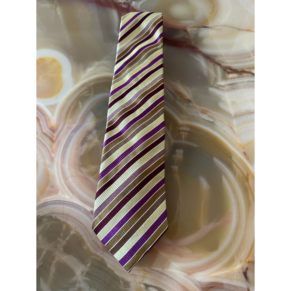 Canali Men's Luxury 100% Silk Tie Striped Plum Gold Bronze Made In Italy